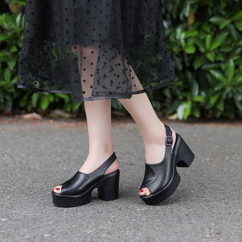 First-Layer Cowhide Platform Heel with Structured Block Base