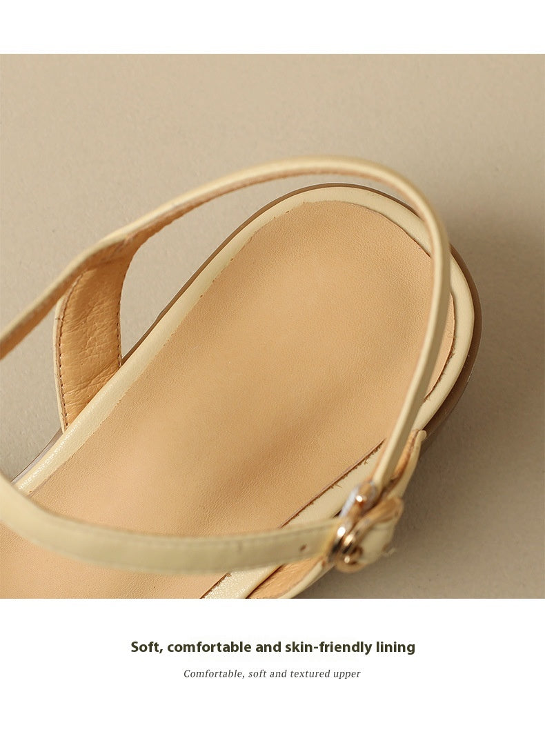 First-Layer Cowhide Low-Heel Sandal – Dual Strap Structure