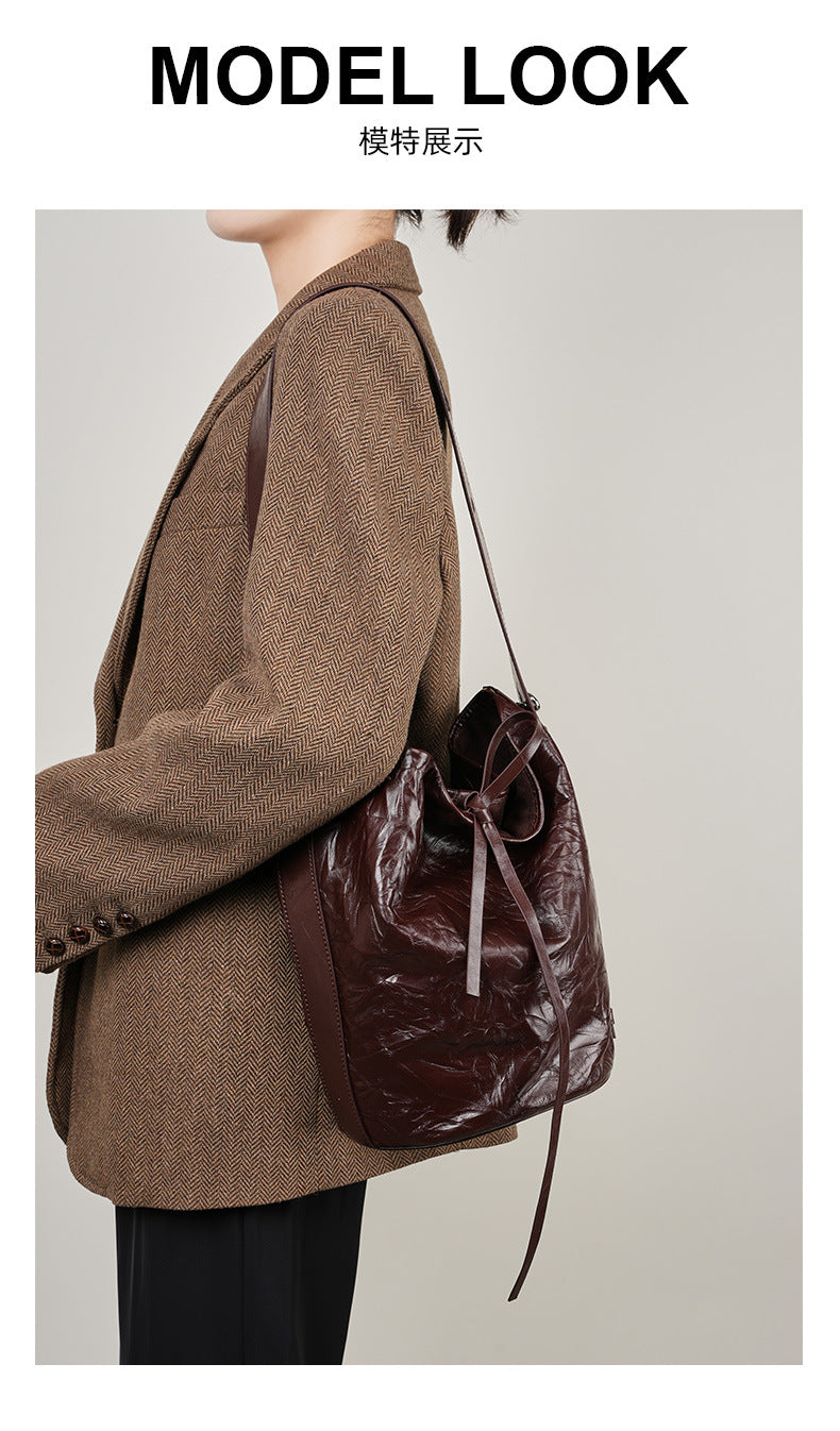 Crinkled Cowhide Bucket Shoulder Bag