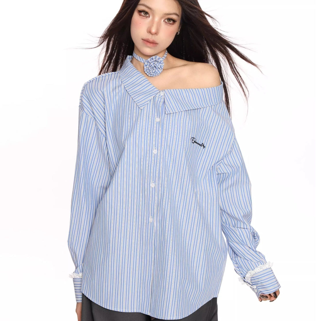 Blue Striped Shoulder Slimming Shirt Women's Long-sleeved Top