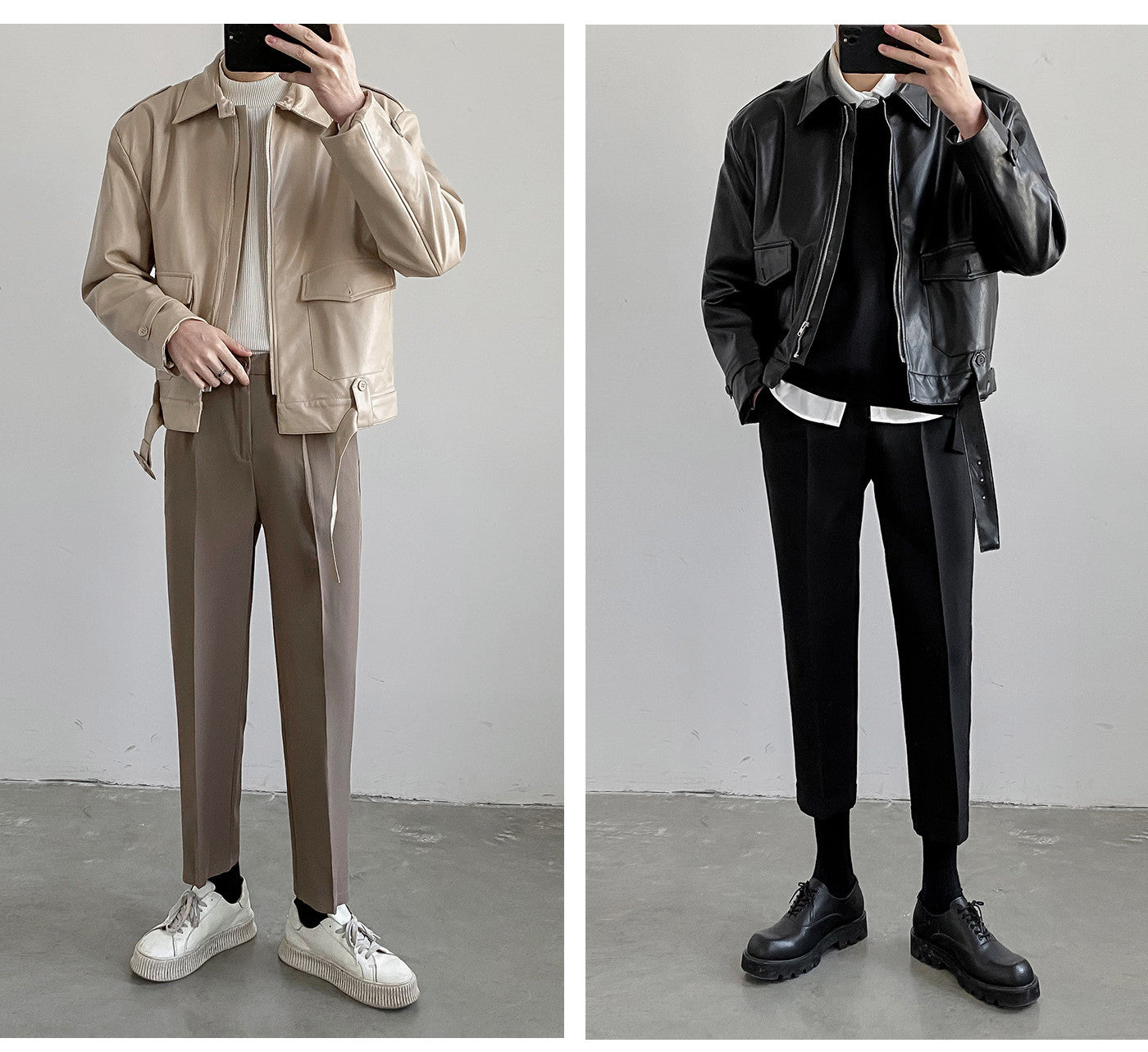 Trendy Short Leather Jacket Mens Handsome Loose Lapel Top