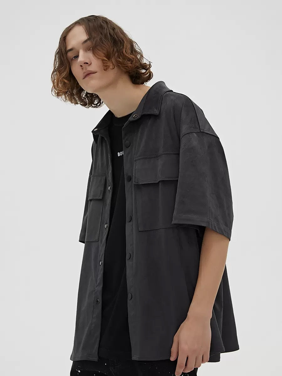 Suede Half Sleeve Shirt Jacket With Multiple Pockets