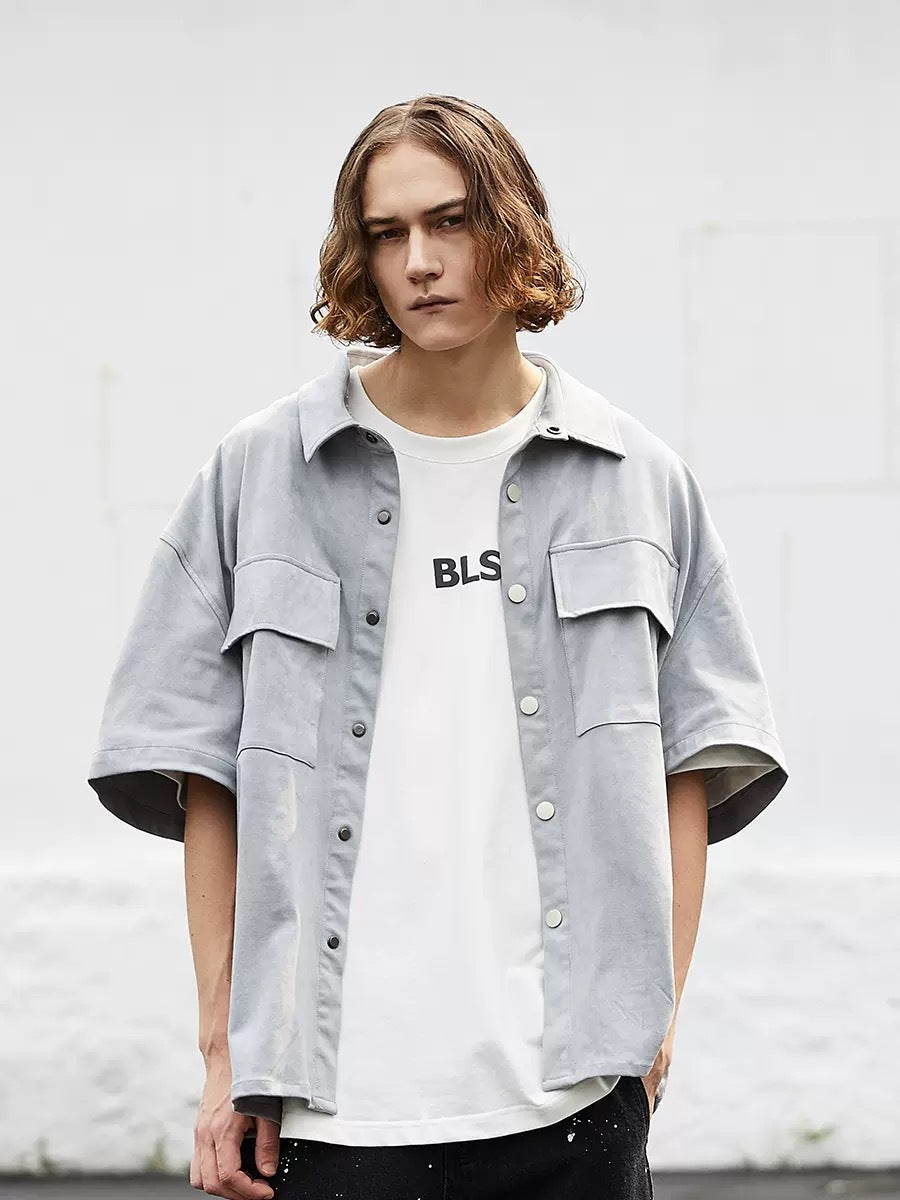 Suede Half Sleeve Shirt Jacket With Multiple Pockets