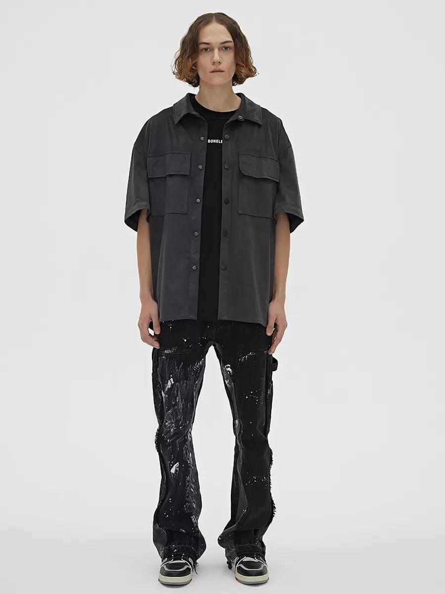 Suede Half Sleeve Shirt Jacket With Multiple Pockets