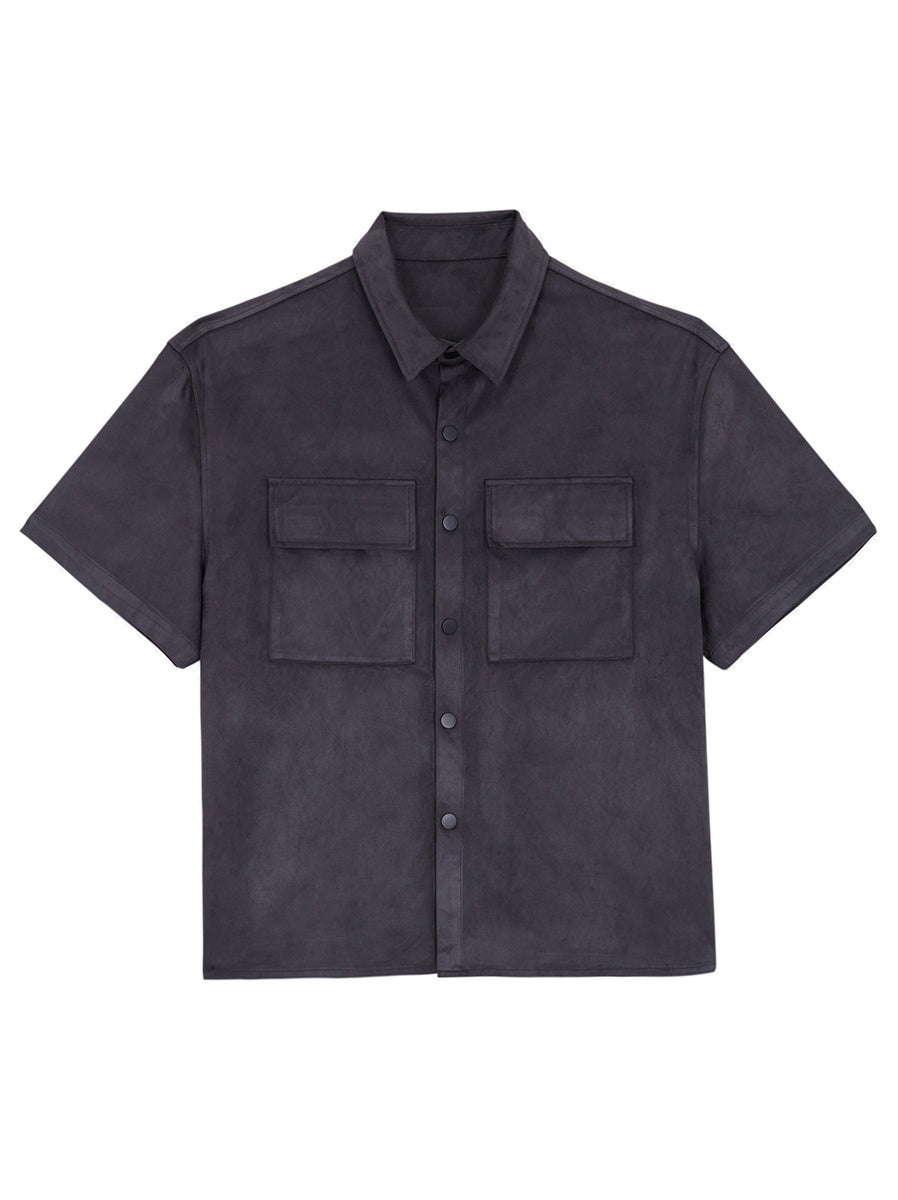 Suede Half Sleeve Shirt Jacket With Multiple Pockets