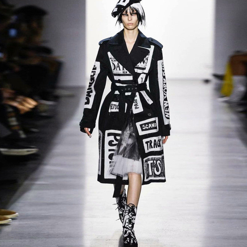 Letter Print Loose Fit Double-breasted Long-sleeved Women's Trench Coat