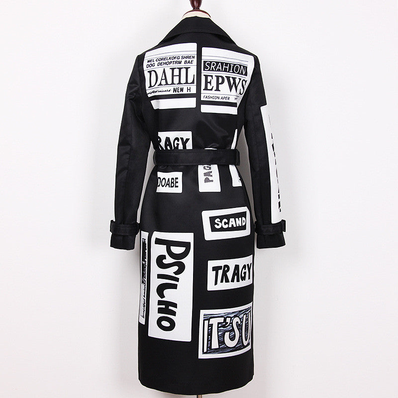 Letter Print Loose Fit Double-breasted Long-sleeved Women's Trench Coat