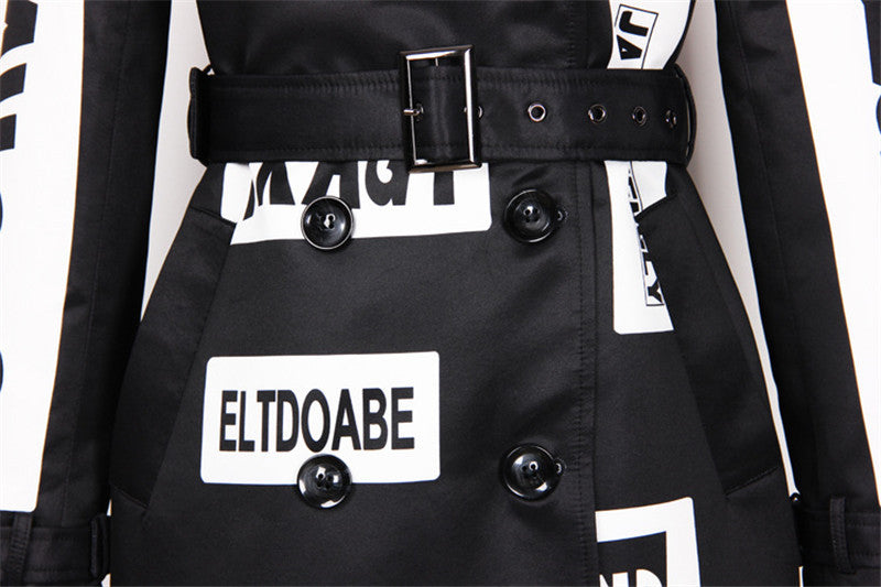 Letter Print Loose Fit Double-breasted Long-sleeved Women's Trench Coat