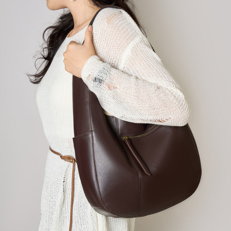Curved Hobo Shoulder Bag with Front Zip Pocket