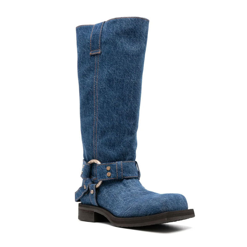 Denim Harness Mid-Calf Boots
