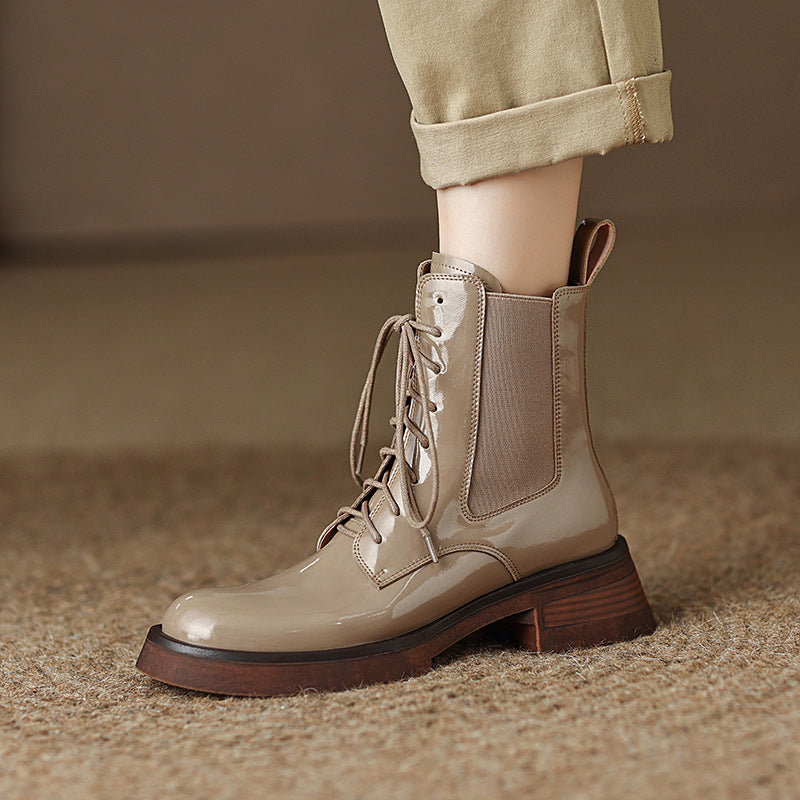 Gloss-Finish Cowhide Lace-Up Ankle Boots