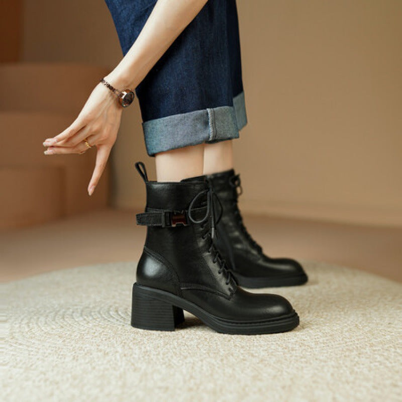 Buckled Block-Heel Leather Ankle Boots