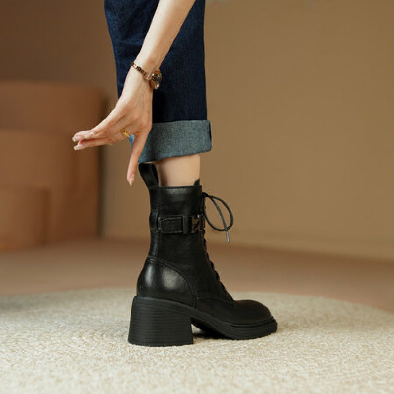 Buckled Block-Heel Leather Ankle Boots