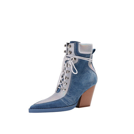 Denim Lace-Up Heeled Ankle Boots