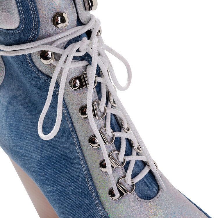 Denim Lace-Up Heeled Ankle Boots