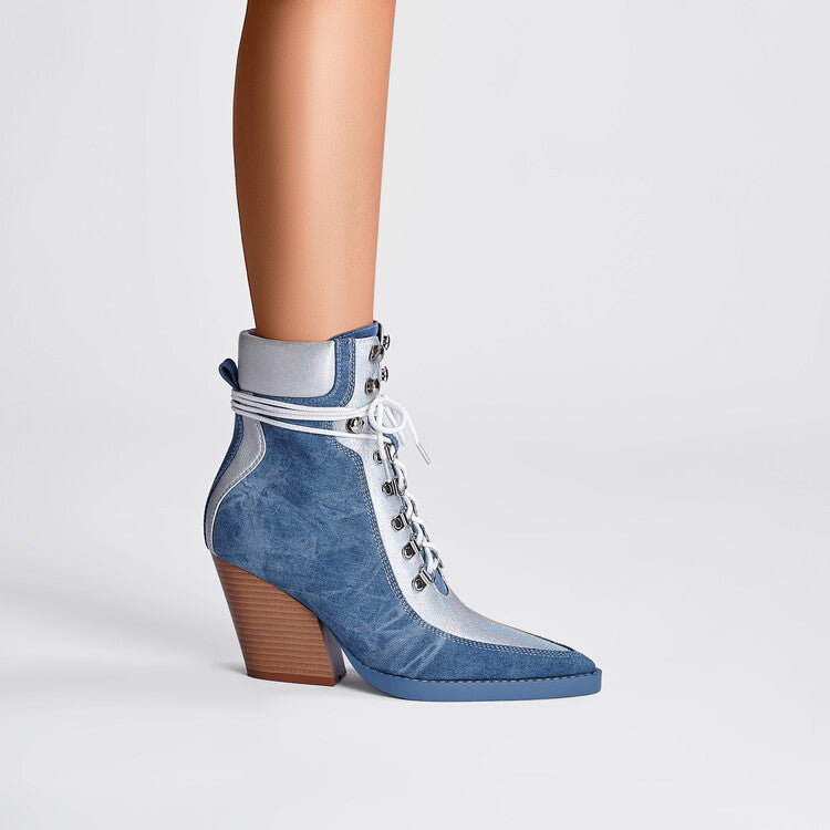 Denim Lace-Up Heeled Ankle Boots