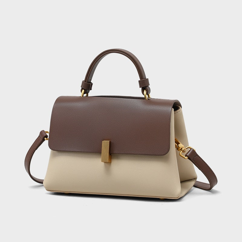 Structured Two-Tone Top-Handle Bag — First-Layer Cowhide Leather
