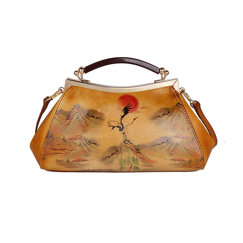 Hand-Painted Landscape Cowhide Top-Handle Bag