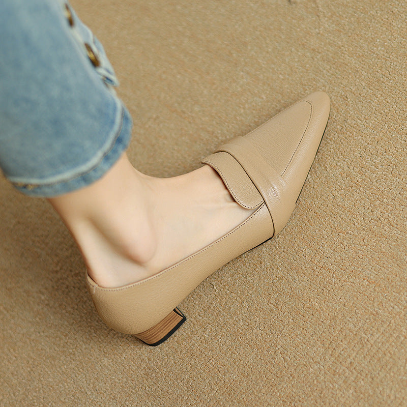 Black Leather Loafer with Low Stacked Heel