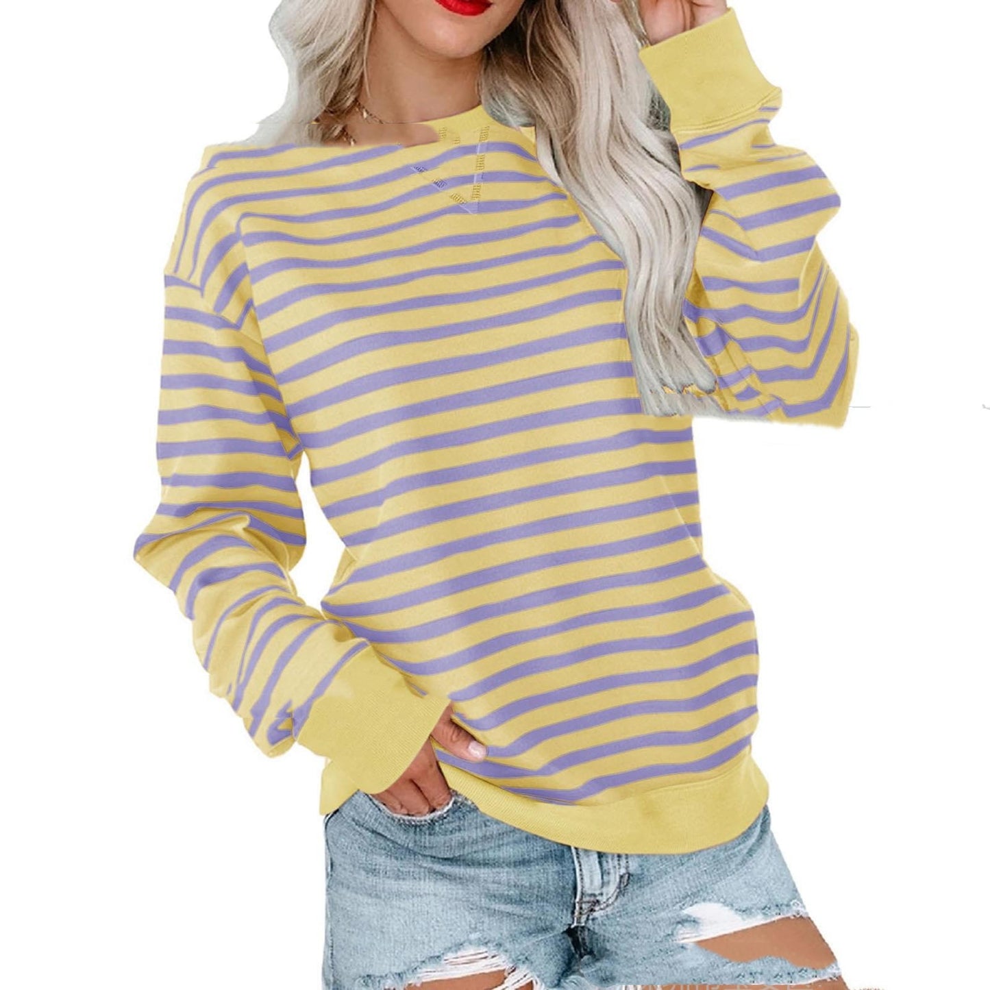 Striped Contrast Color Round Neck Trendy Long-sleeve