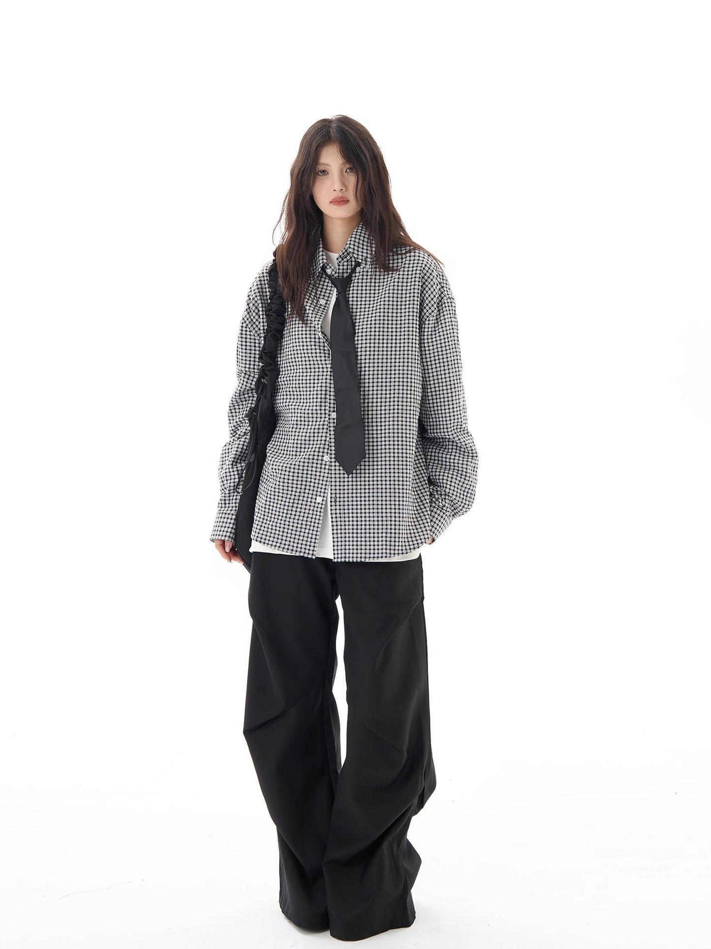 Black Plaid Shirt Long Sleeve Women Casual Loose Shirt Coat