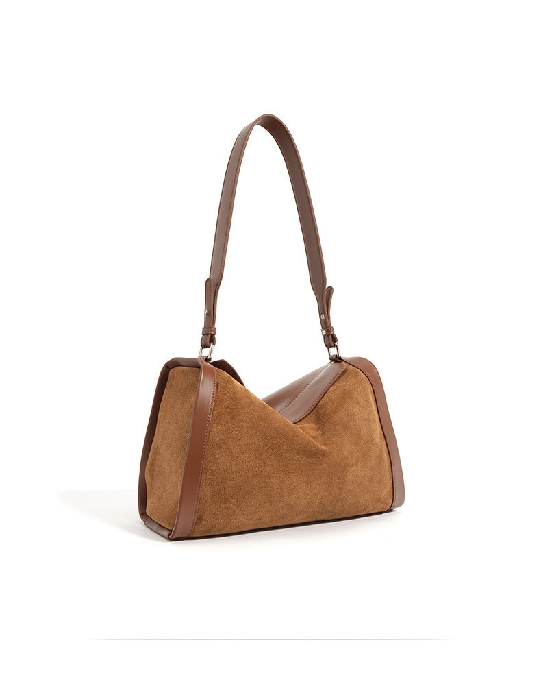 Structured Cowhide Shoulder Bag with Suede Panel