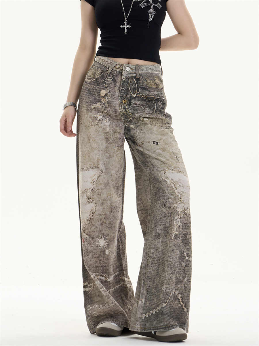 Retro Washed Worn Jeans Loose Straight Wide-leg Pants