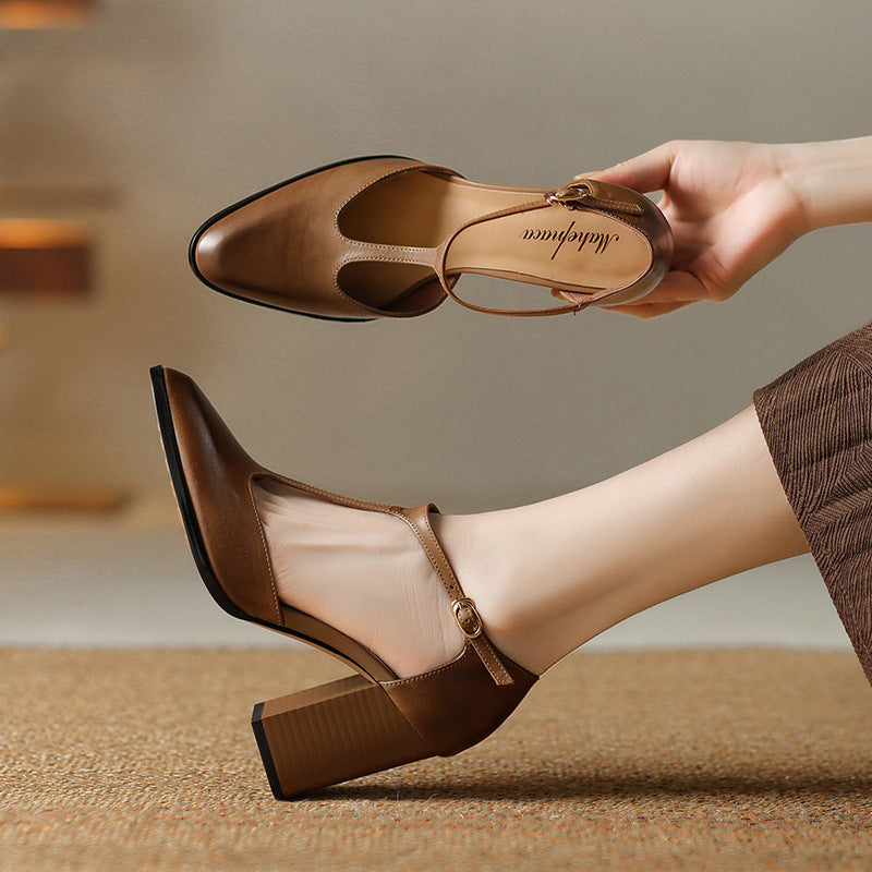 Baotou Hollow Women's Shoes Retro Pointed Mary Jane Shoes