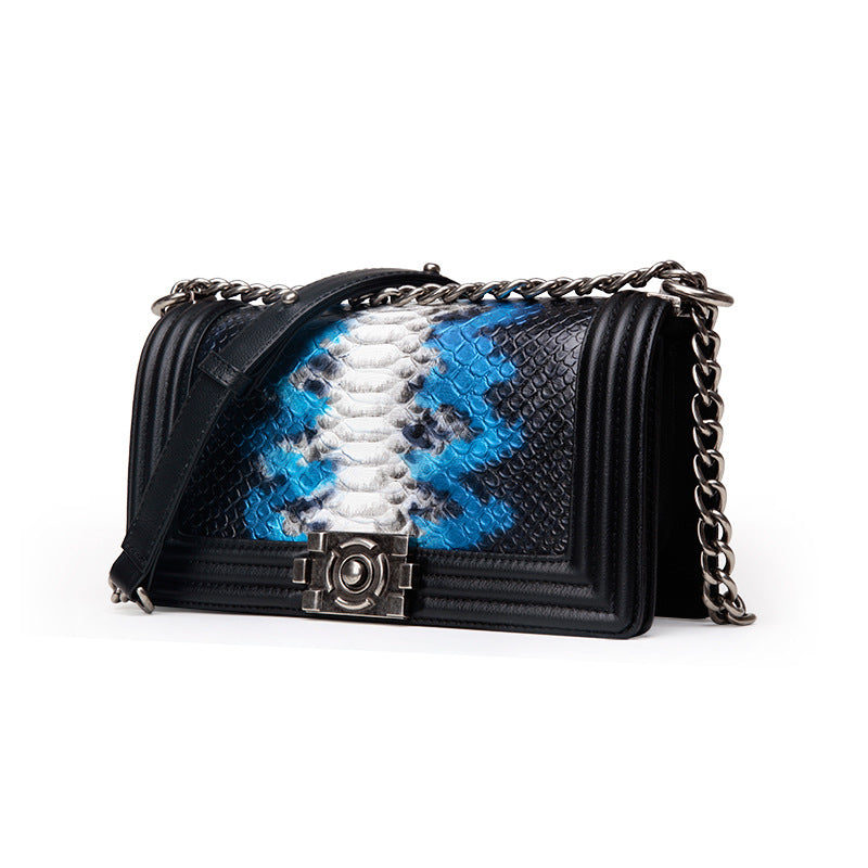 Structured Chain Shoulder Bag — First-Layer Cowhide with Embossed Panel