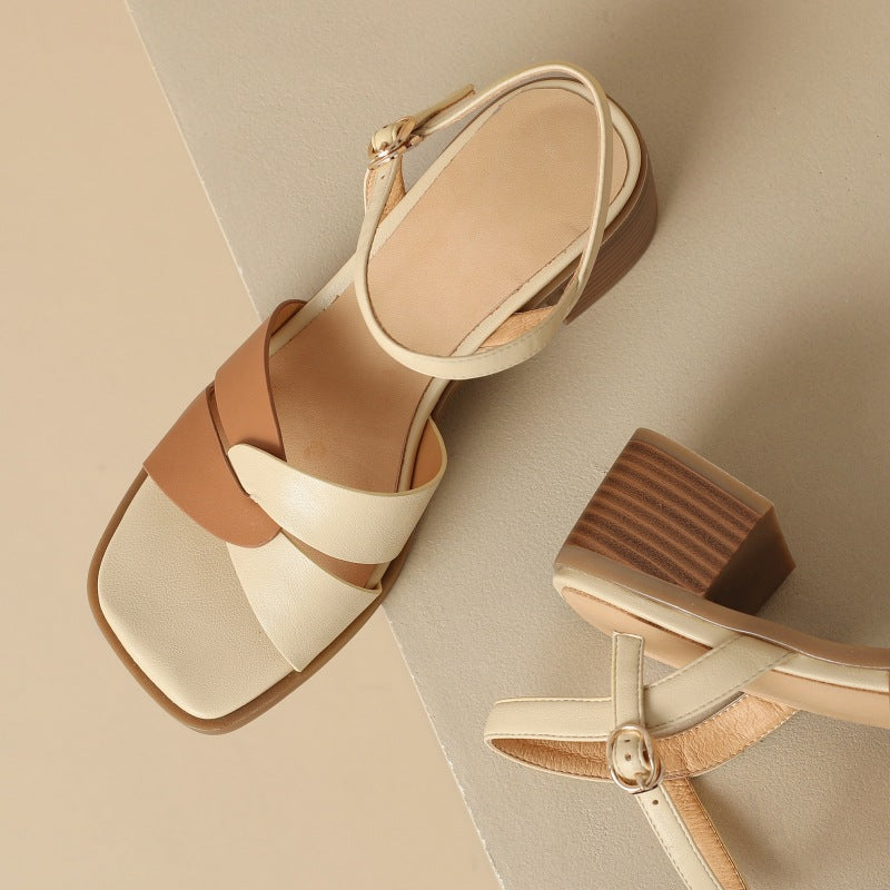 First-Layer Cowhide Low-Heel Sandal – Dual Strap Structure