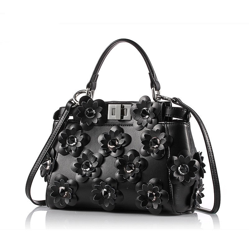 Floral-Appliqué Structured Top Handle Bag