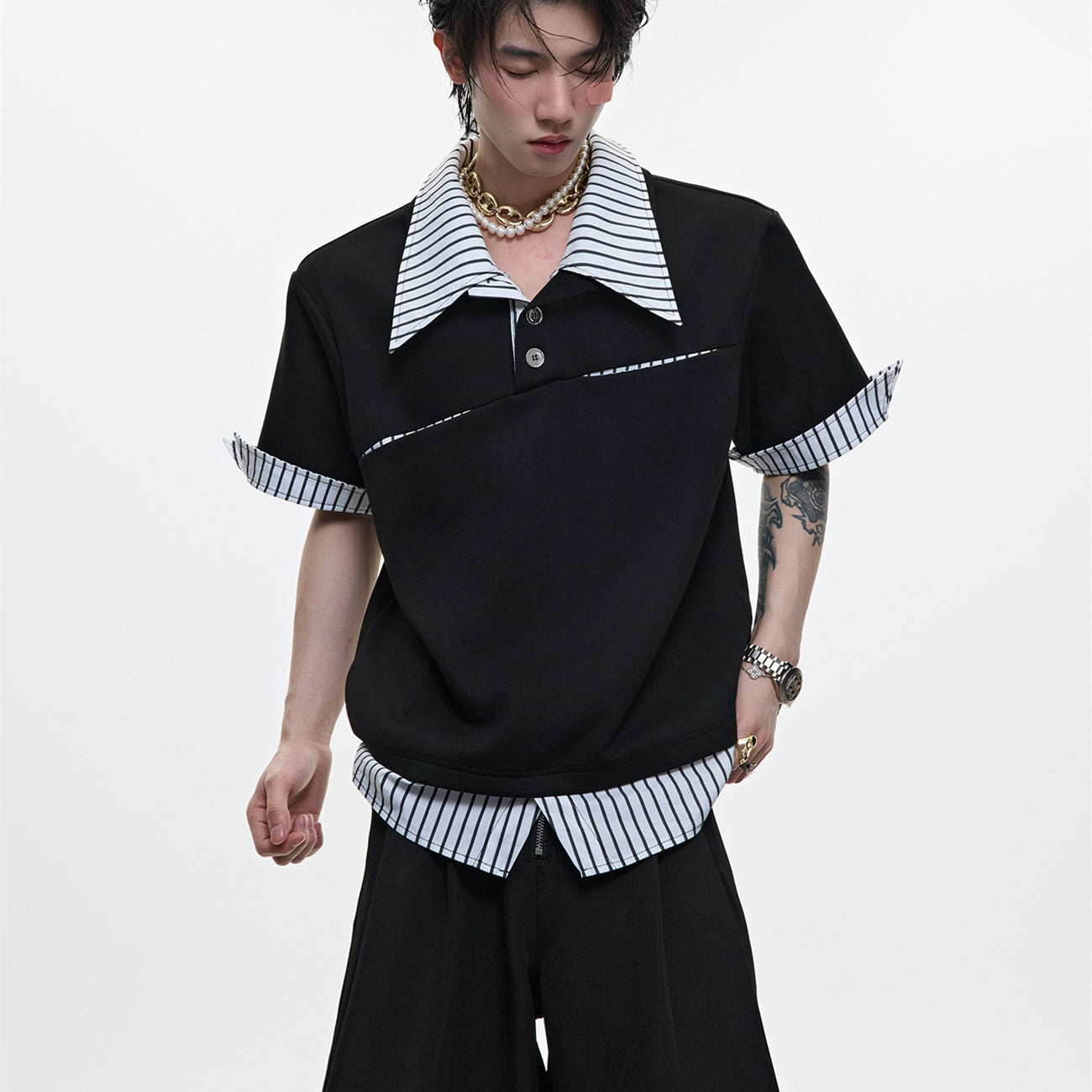 Women's Loose Striped Versatile Fake Two Piece T-shirt Short Sleeved