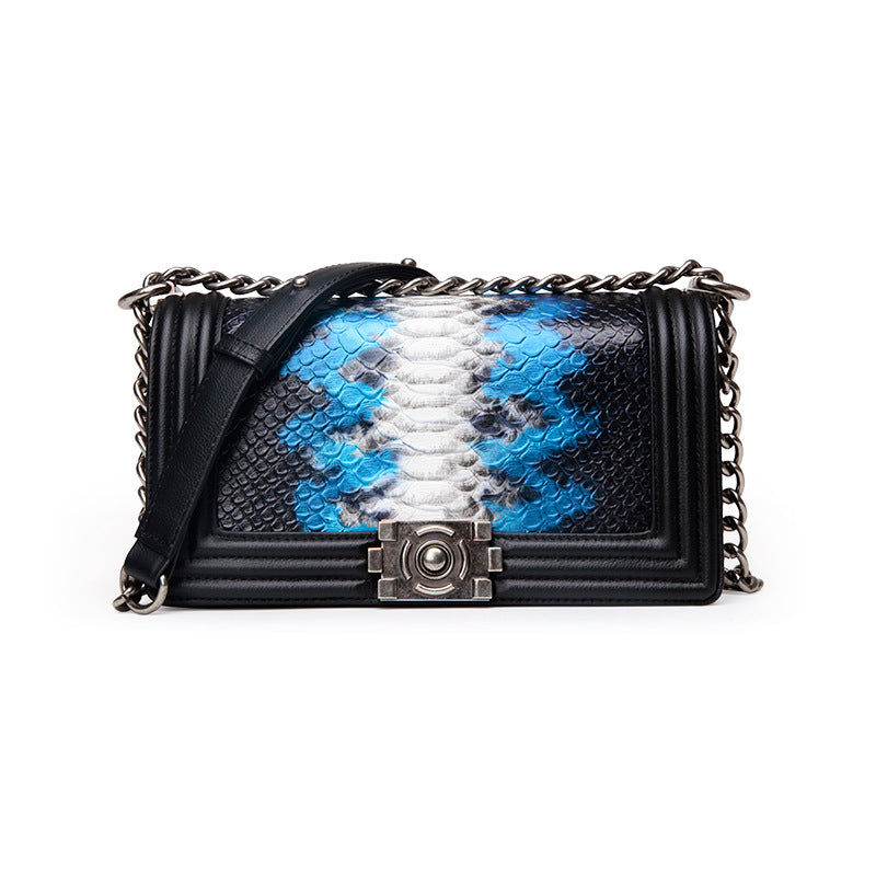 Structured Chain Shoulder Bag — First-Layer Cowhide with Embossed Panel