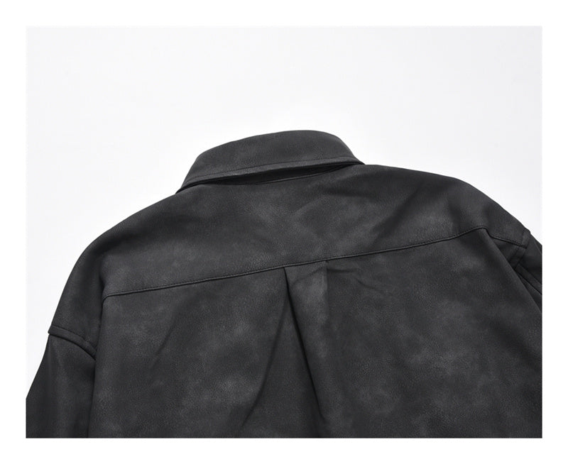 Retro American Street Style Worn Looking Washed-out PU Leather Shirt