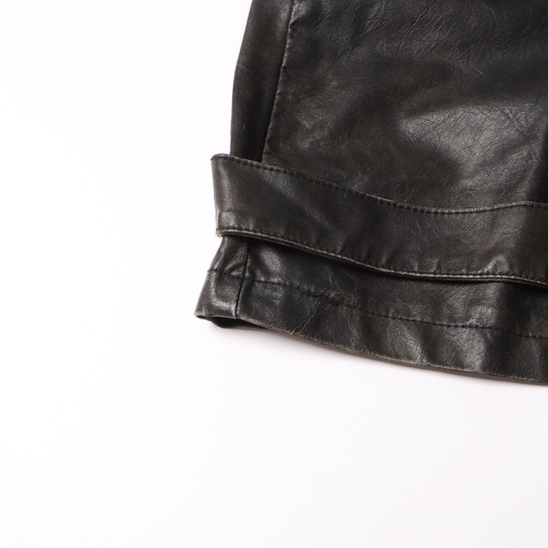 Fashion Unique Design Pocket High Waist Wide Leg Solid Color American PU Overalls