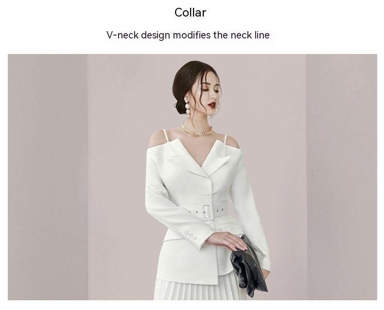 Solid Color Niche Slimming Waist Pleated Mid-length Dress Set