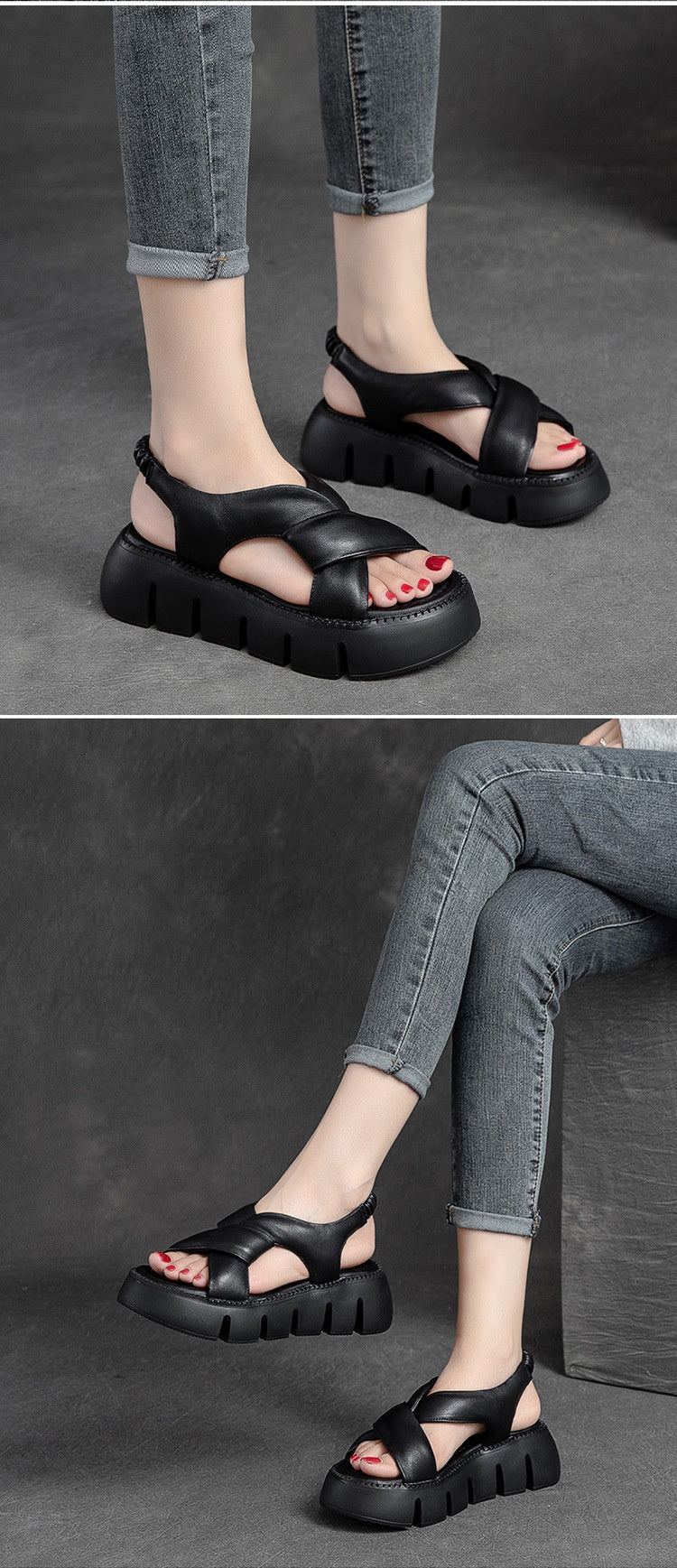 Top Layer Cowhide Platform Roman Style Fashion Retro Sandals