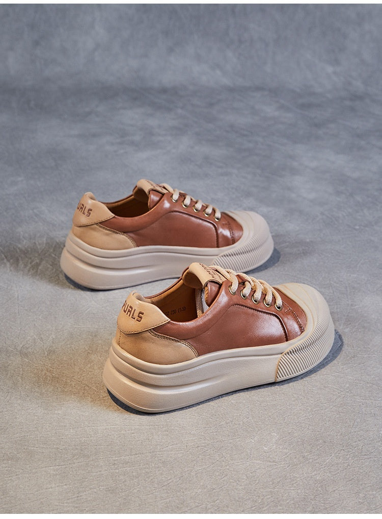 Leather Platform Biscuit Round Toe Platform Lace-up Sports Business Casual Shoes