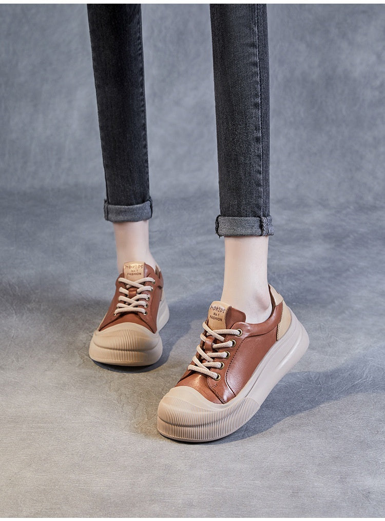 Leather Platform Biscuit Round Toe Platform Lace-up Sports Business Casual Shoes