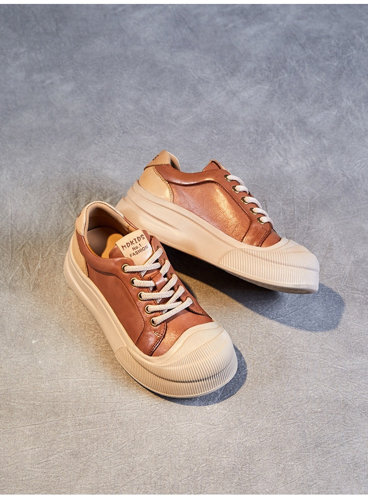 Leather Platform Biscuit Round Toe Platform Lace-up Sports Business Casual Shoes