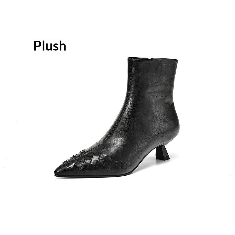 Fashionable Knit Ankle Mid-heel And Plush-lined Boots