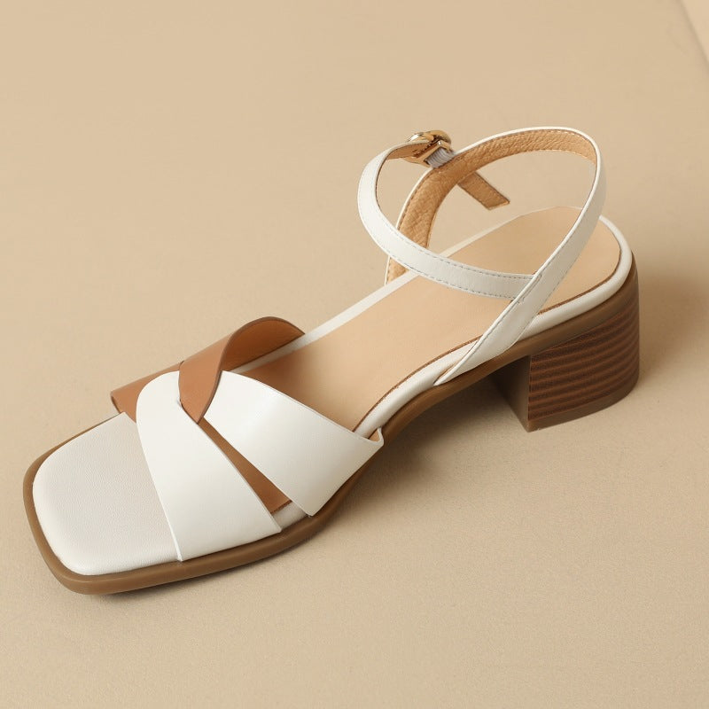First-Layer Cowhide Low-Heel Sandal – Dual Strap Structure