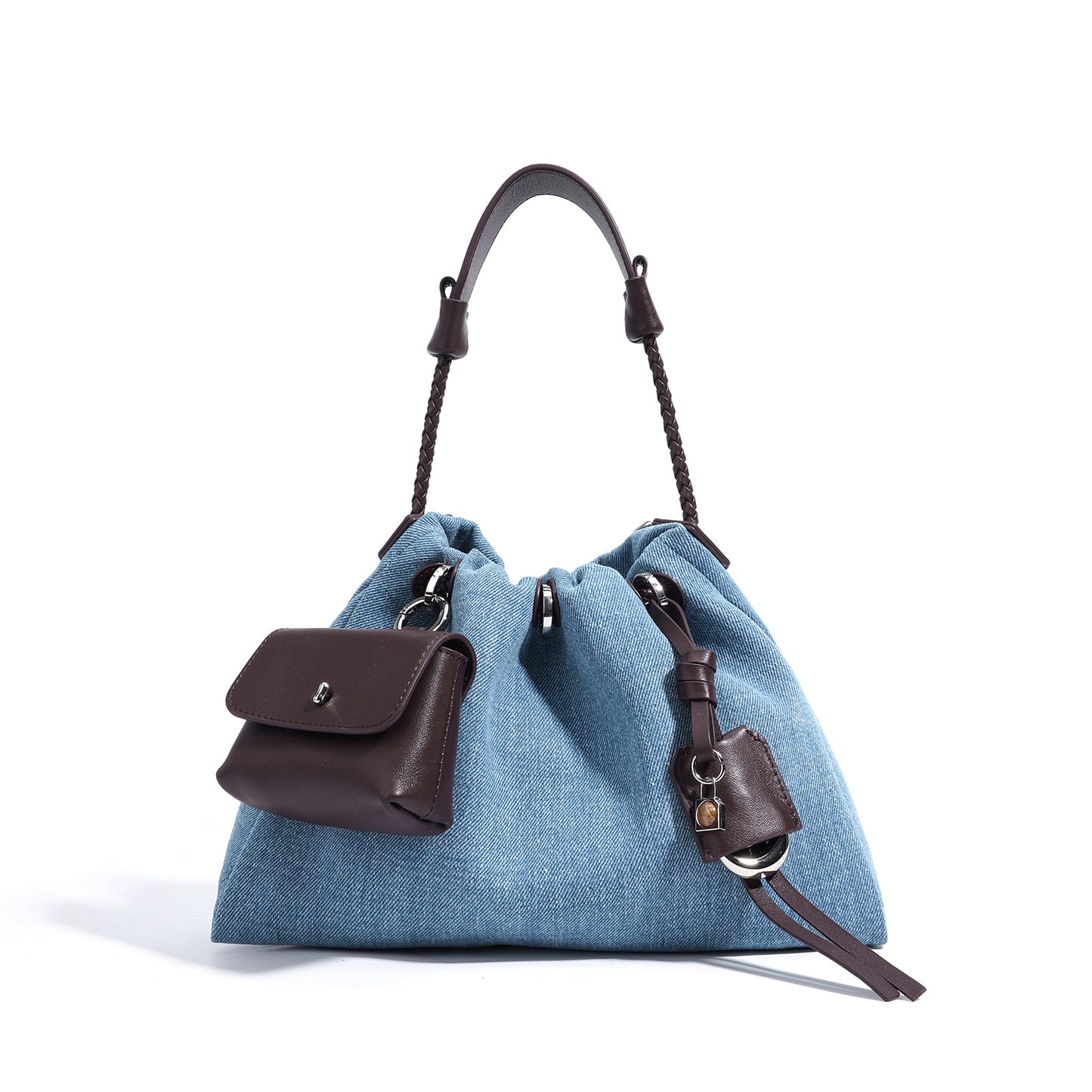 Denim & Cowhide Drawstring Form Bag