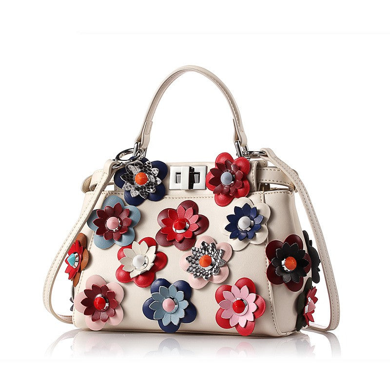Floral-Appliqué Structured Top Handle Bag