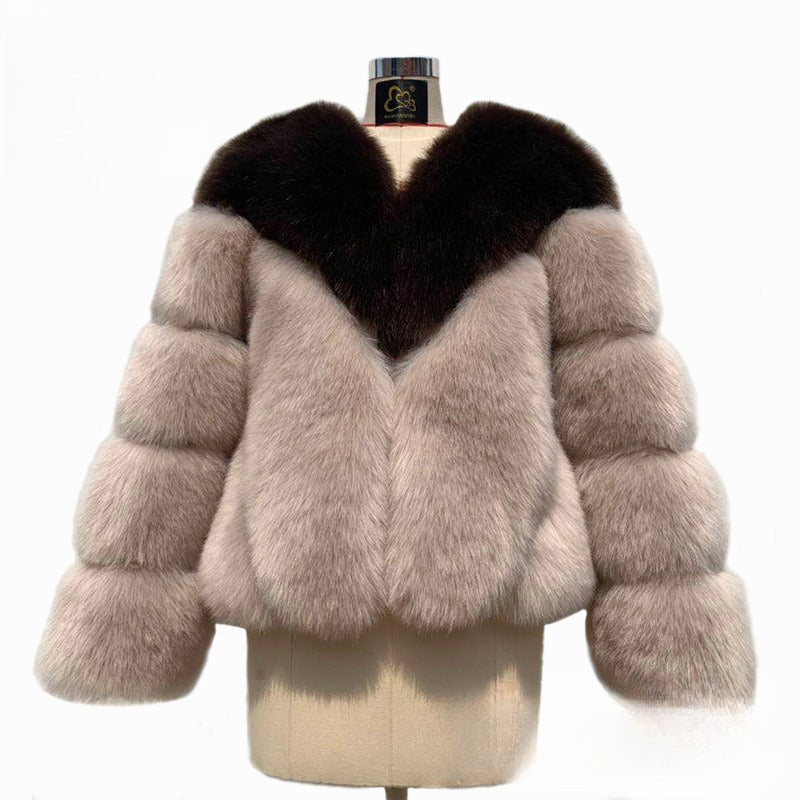 Color Matching Korean Casual Fox Fur Overcoat