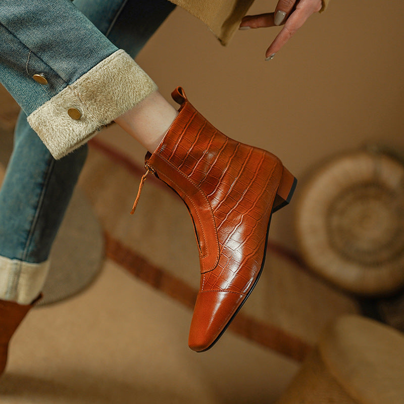 Retro Elegant Square Head Low Heel Zip Ankle Boots Women
