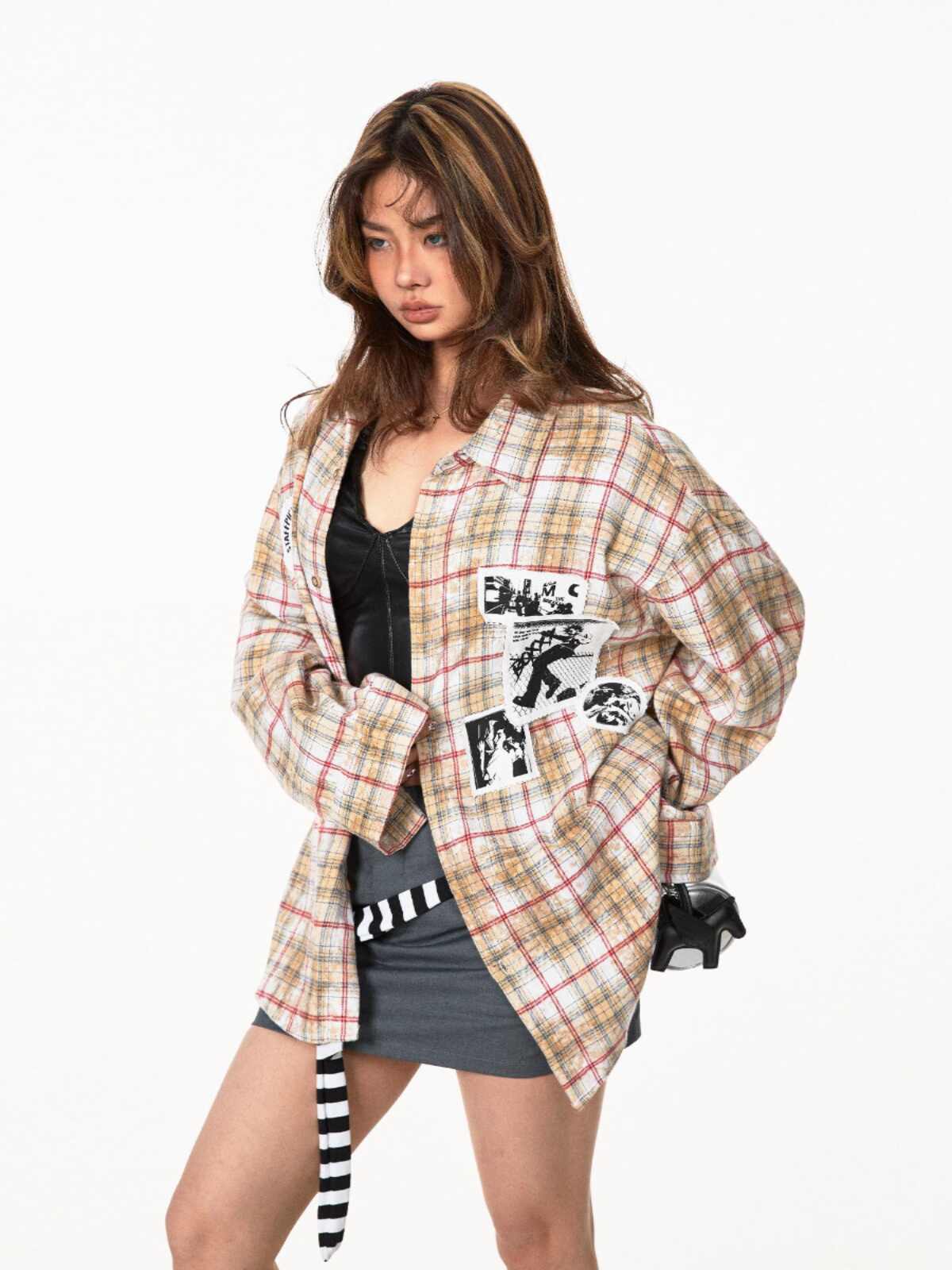 Retro Distressed Brushed Printed Plaid Shirt Loose Top