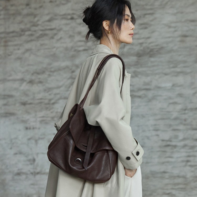 Flap-Closure Shoulder Bag in First-Layer Cowhide Leather