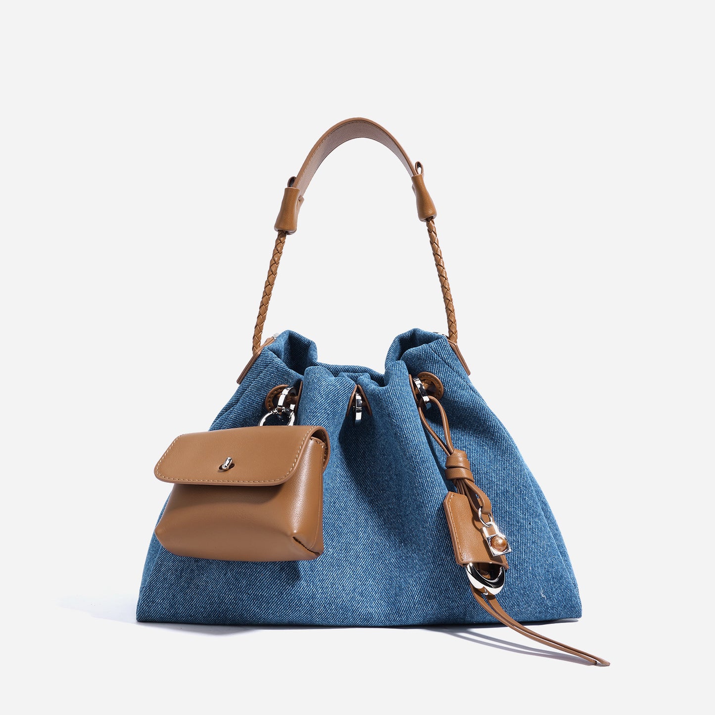 Denim & Cowhide Drawstring Form Bag