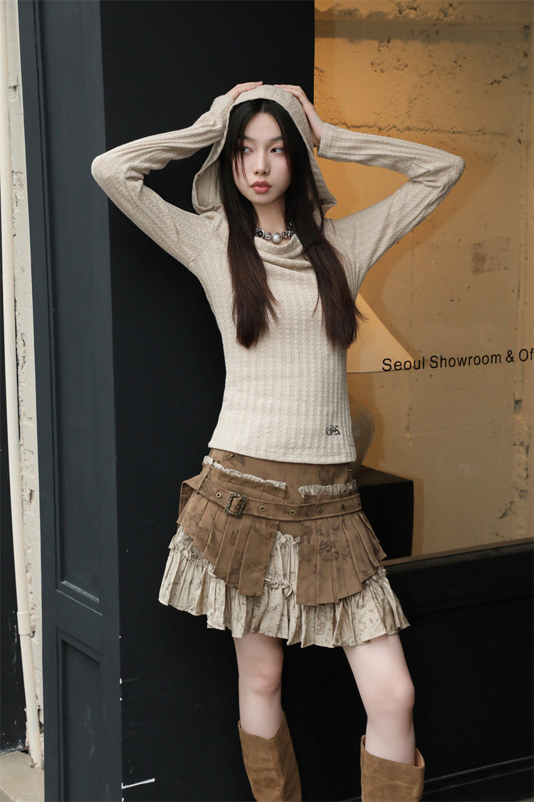 Retro Distressed Heavy Industry Fake Two-piece Pleated Skirt